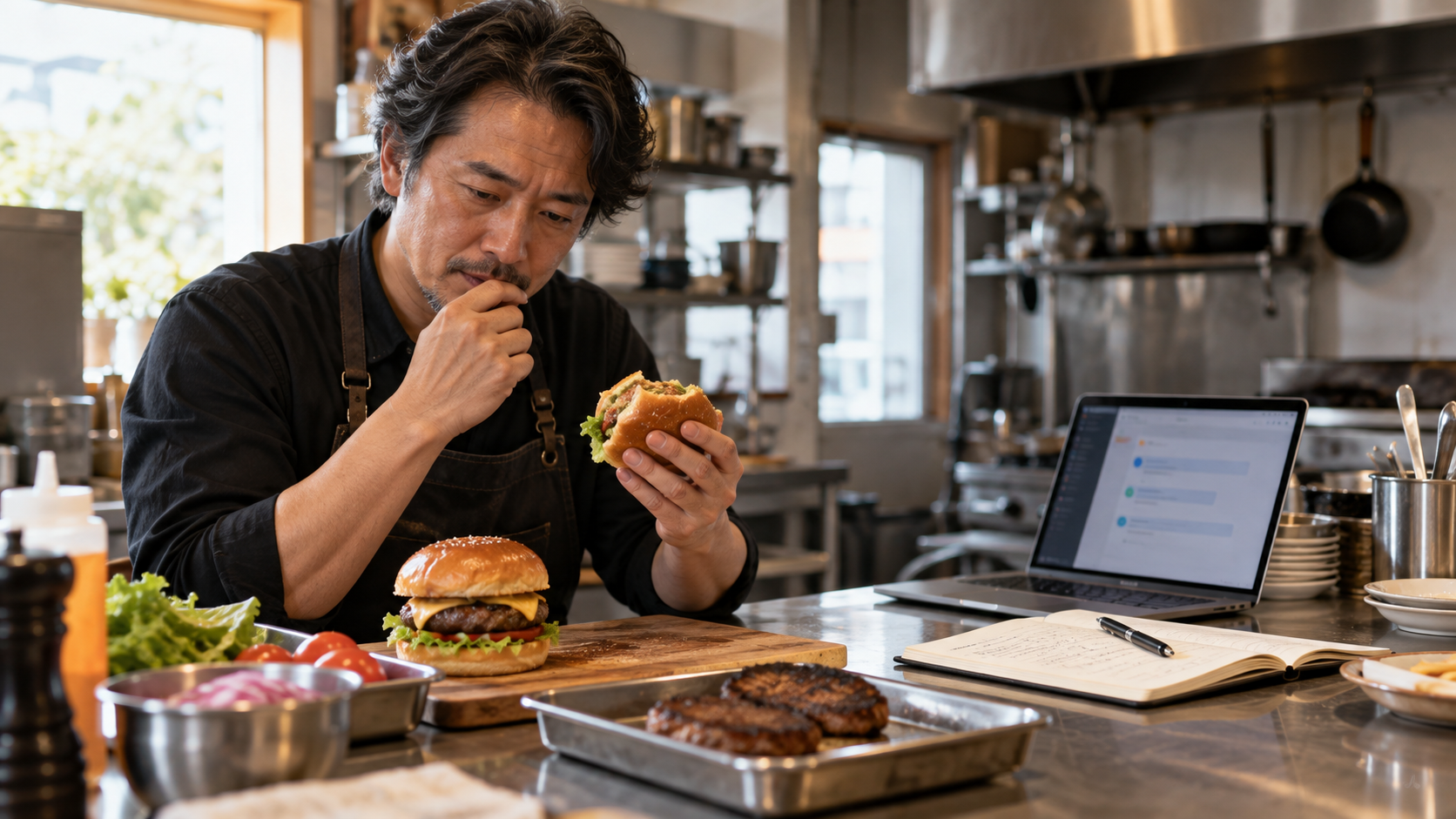 店主がAIの提案を参考にハンバーガーを試作し、味を確かめるイメージ
